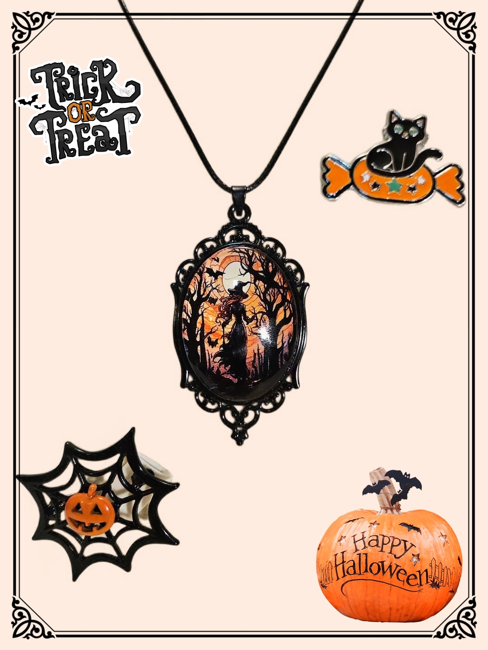 Halloween Witch Cameo Necklace & 2 Brooches- Orange & Black